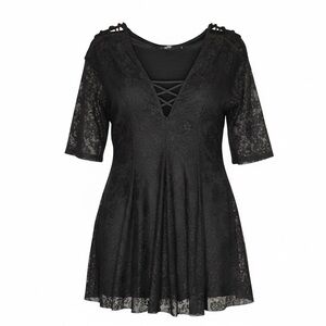 BKE Boutique Black Lace Cold Shoulder Lattice Top - Size Large